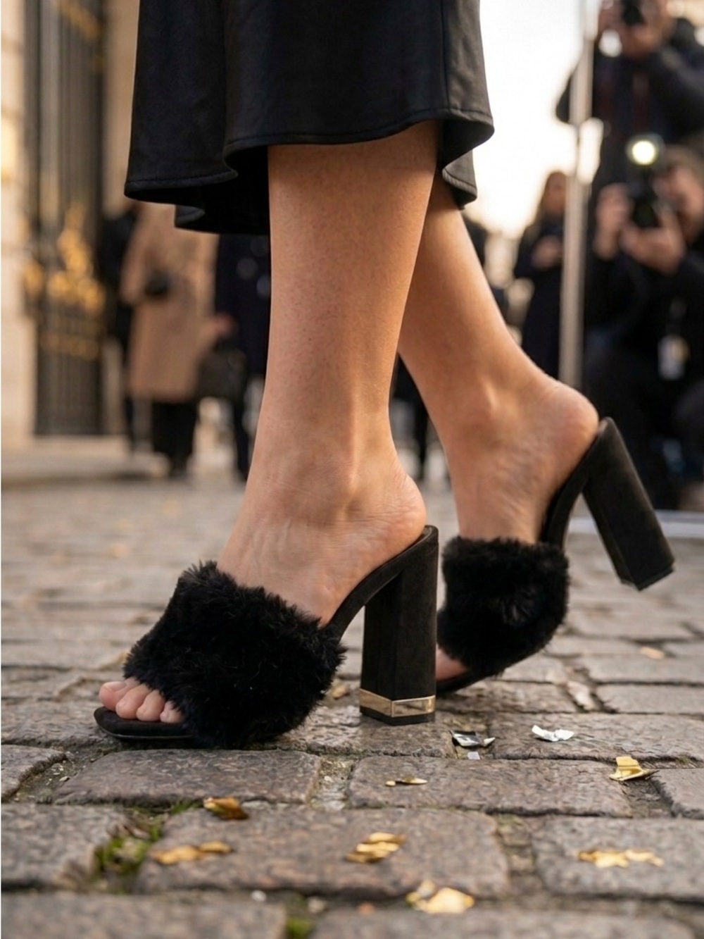 Black Faux Fur Block Heel Mules by Olivia Jaymes Size 6.5 Fashion Stylish Modern